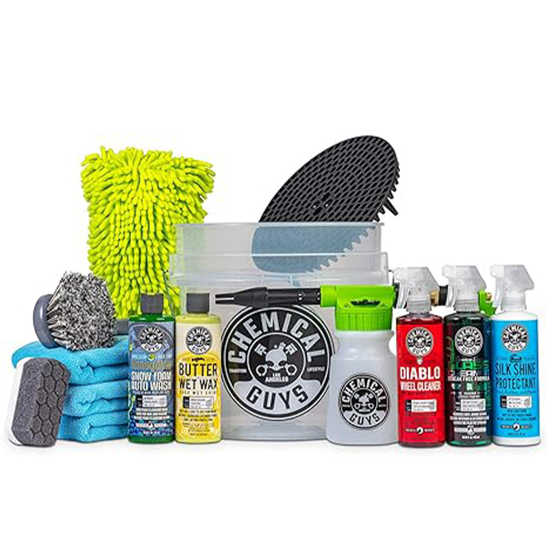 مجموعة غسيل السيارات Arsenal Builder HOL126 من Chemical Guys، مكونة من 14 قطعة مع مسدس رغوة ودلو و(5) مواد كيميائية لتنظيف السيارات سعة 16 أونصة، هدية لمحبي السيارات والشاحنات والآباء وهواة الأعمال اليدوية (تعمل مع خرطوم الحديقة)